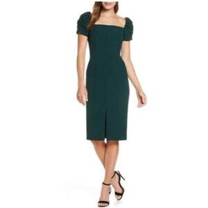 Eliza J square neck puff sleeve sheath dress dark green 22551